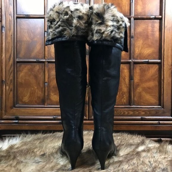 Guess Genuine Leather Leopard Faux Fur Knee High/Over the Knee Logo Ring Boot - Picture 3 of 16